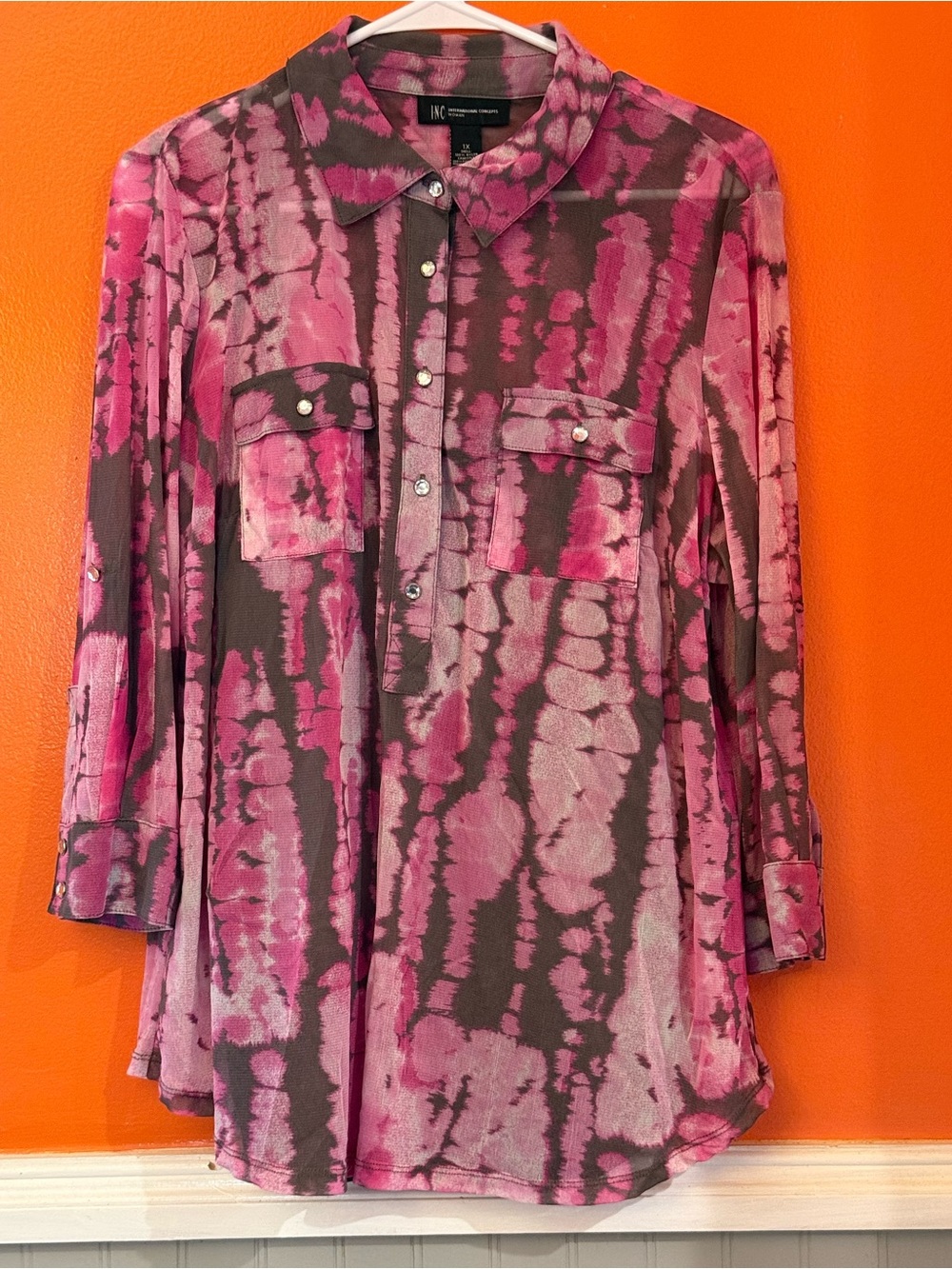 INC International Concepts Pink and Brown Tie-Dye Button Front Tunic